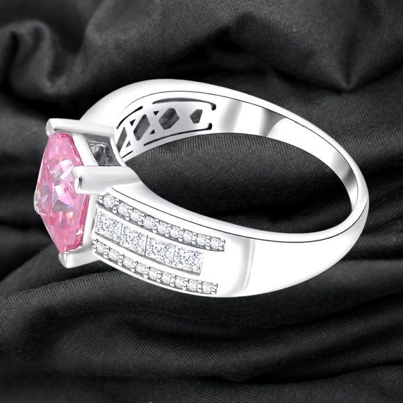 NWT PINK & WHITE MOISSANITE DIAMOND RING IN PLATINUM OVER STERLING SILVER SZ 10 - Picture 4 of 11